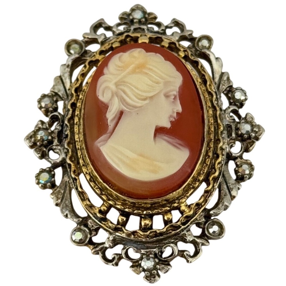 Vintage ART Arthur Pepper Resin Cameo Rhinestone Victorian Revival Brooch Pin